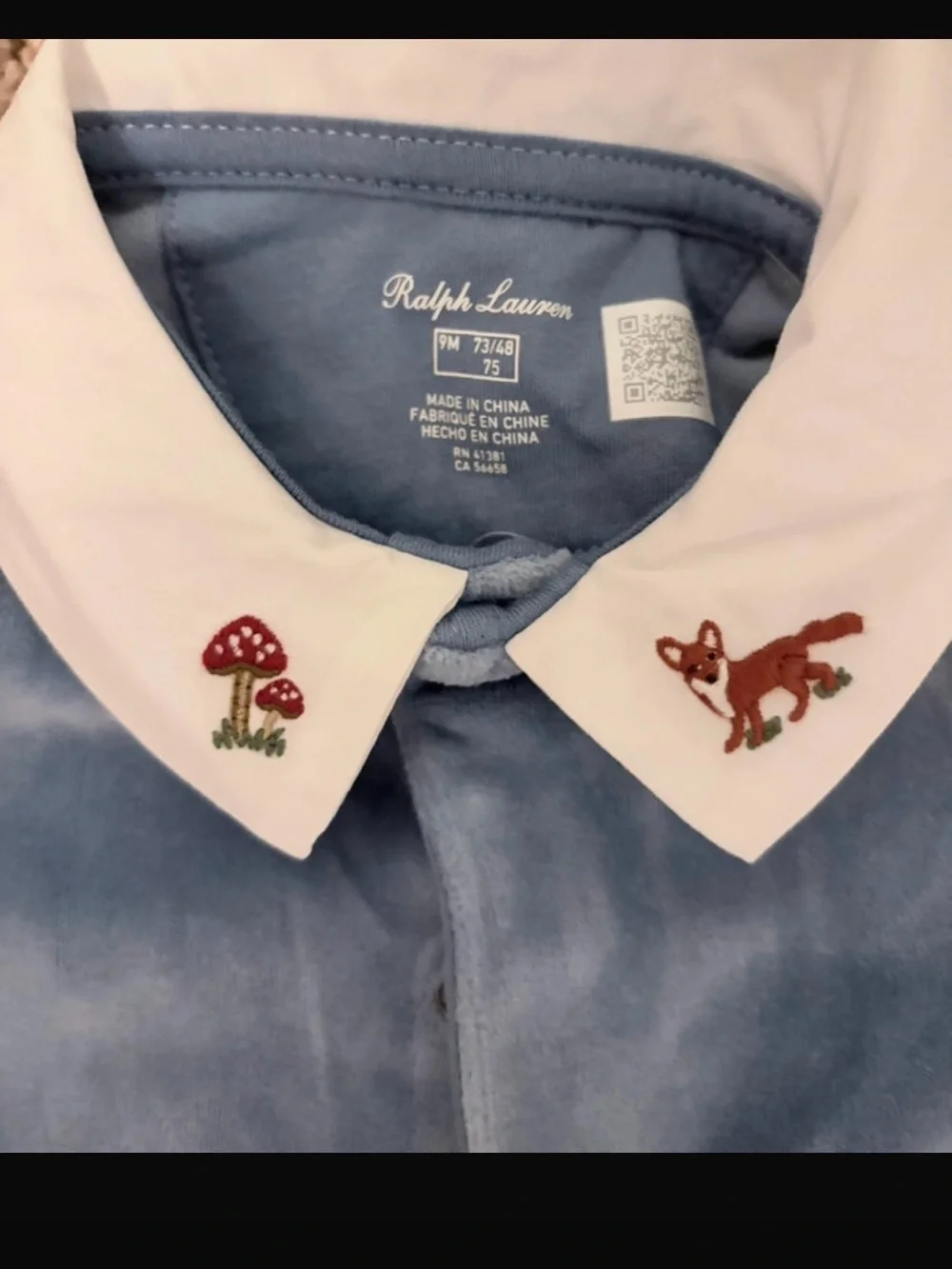 Ralph Lauren Light Blue Velour Footed One-Piece with White Embroidered Collar